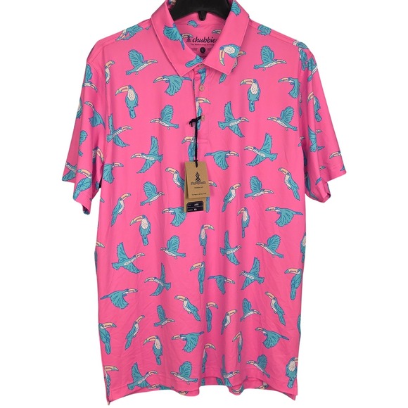Chubbies Golf Polo 2.0 Mens Large Pink Toucan Bird Performance Casual Resort NWT - Picture 2 of 9